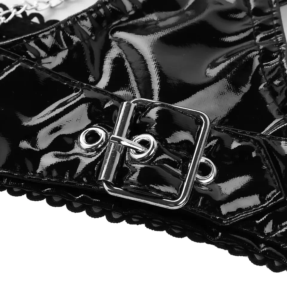 Women Sexy Shiny Leather Bra Hollow Out Erotic Porn Breast Exposing Glossy Wetlook Latex Tops Adjustable Halter Neck With Chain