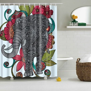 

Waterproof Fabric Bathtub Shower Curtain Panel Sheer W/Hooks Elephant&Flower