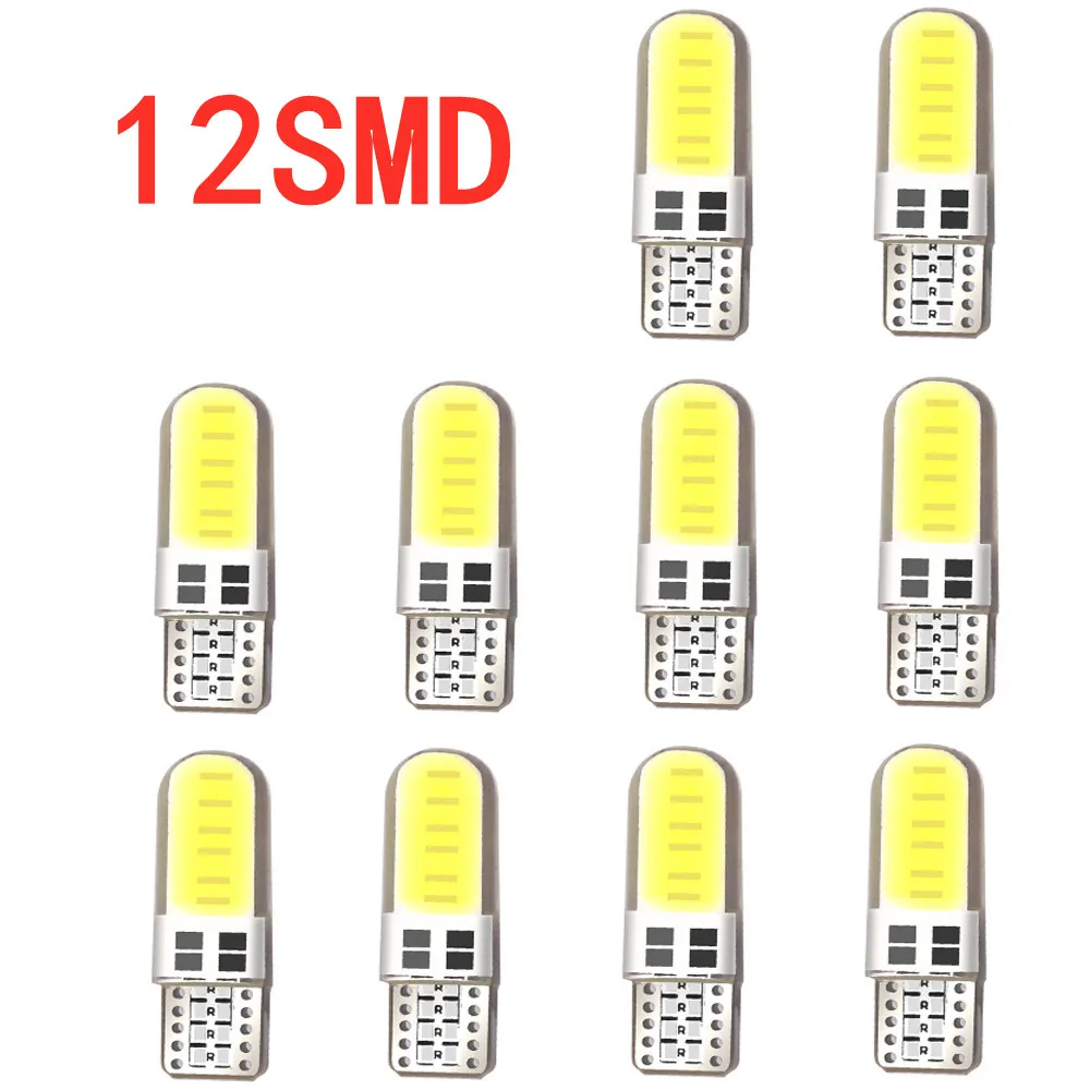 

10pcs Silicone Gel COB Auto LED Car Light 12V T10 W5W Wedge Side Parking Read Bulb Signal Lamp Clearance Door Light 12 SMD chips