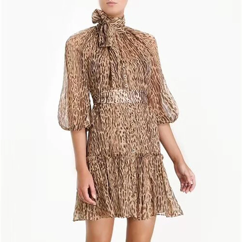 

Robe léopard 2019 femmes robe en soie à manches belt longues arc collar sexy robe de soirée de haute qualité femmes autumn