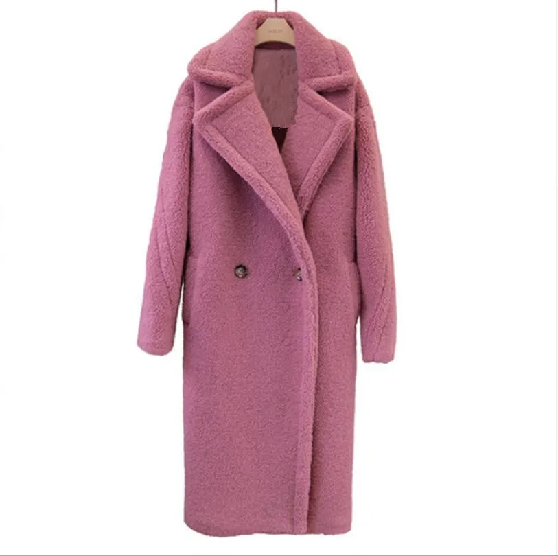 pink Новые женские весенне-осенние длинные куртки из овечьей шерсти больших размеров элегантные пальто из искусственного кашемира женская верхняя одежда из искусственного меха с отворотом K1221 - Цвет: pink