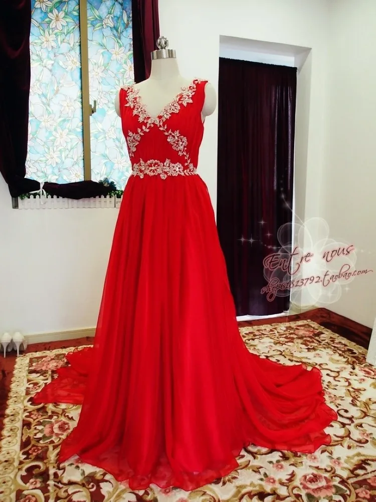 Robe de soiree красное шифоновое длинное платье для выпускного вечера стиль сексуальное с v-образным вырезом А-силуэта с аппликацией вечернее платье, расшитое бисером платья для подружек невесты