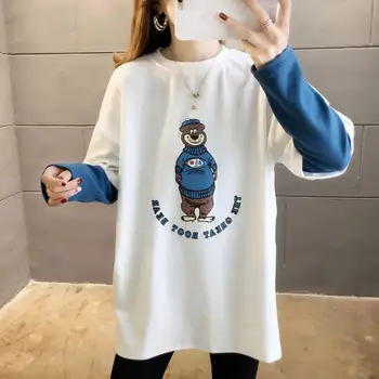 

2020 Spring Tops Fake Two Pieces Women's Casual Cotton Loose Print Clothes Female Long Sleeve T-shirt Clothes Bottom Tee Shirt