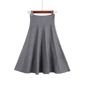 

2020 Autumn Winter Knitted Skirt Women Midi High Waist A Line Knit Skirts One-pieces Seamles Pleated Elastic Thick Faldas