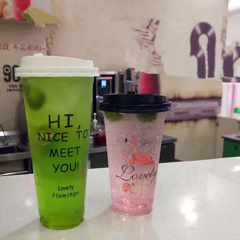 500pcs High quality flamingo cup 500ml transparent disposable coffee milk tea juice cold drink plastic cups with cover wholesale