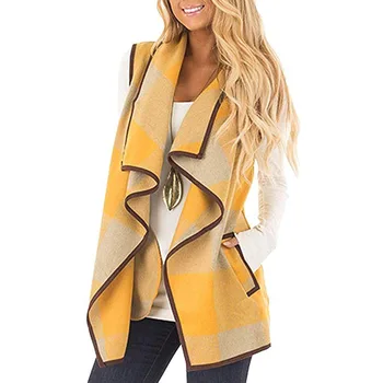 

Women Coat Autumn Winter Sleeveless Plush Lapel Plaid Print Cardigan Overcoat Loose Jackets with Pocket