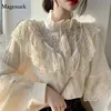 Fashion Ruffled Autumn Lace Up Women Blouses Stand Collar Ladies Tops Vintage Lace Shirts Korean Sweet Loose Clothes Women 11335 ► Photo 1/6