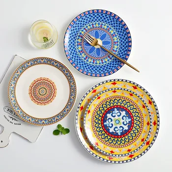 

European ceramic tableware boho flat plate household dinner plate steak plate creative hand-painted pattern fruit dessert plate