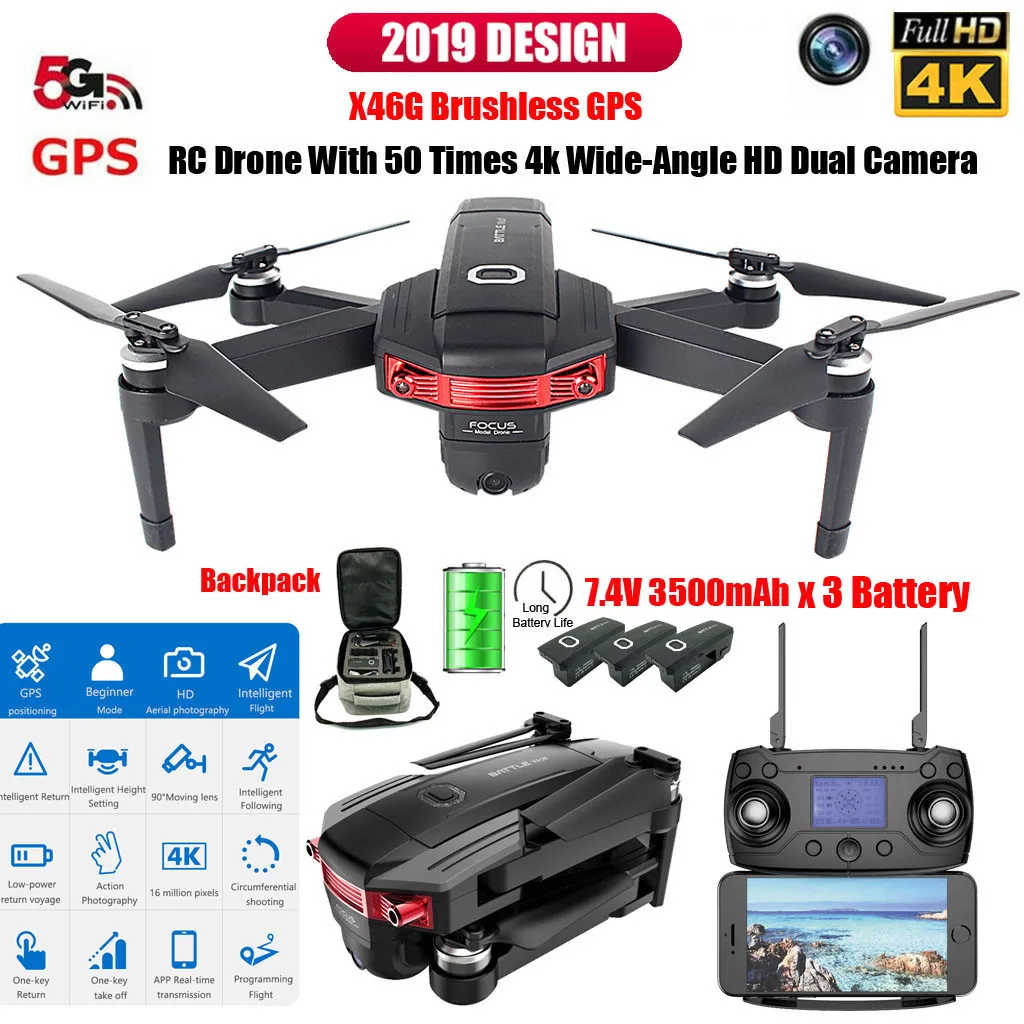 

X46G 5G WIFI FPV GPS With 4K HD Camera Brushless Foldable RC Drone Quadcopter + Extra Two Battery New Arrival Dropshipping