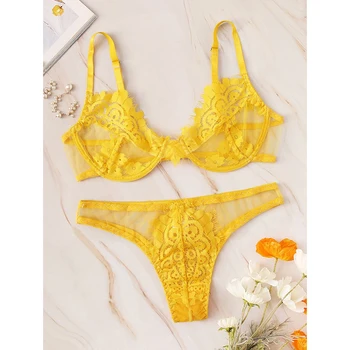 

Ladies Sexy Lace Lingerie Set Babydoll Bra Panties Set Embroidered Breathable Bralette Tops Bra G-string Thong Underwear