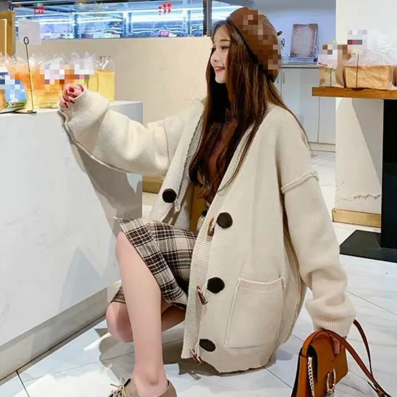beige Neploe/милые стильные свободные кардиганы ярких цветов с v-образным вырезом для девочек; модные кашемировые свитера с роговыми пряжками; однотонные осенние свитера; сказочные; 45696 - Цвет: beige