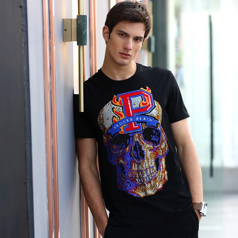 

AlexPlein Men CLothing 2022 Summer Fahsion Skulls Rhinestones Crystal Streetwear Short Sleeve Round Neck Funny 100% Cotton New