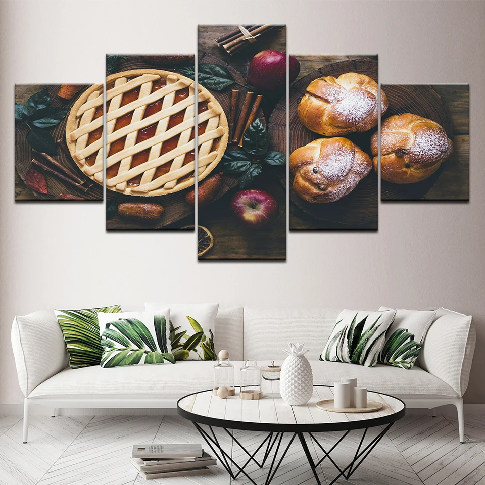 

HD Home Decor Picture Artworks Modular Poster 5 Panel Food Pie And Bread Canvas Printed Painting For Living Room Wall Art Framed