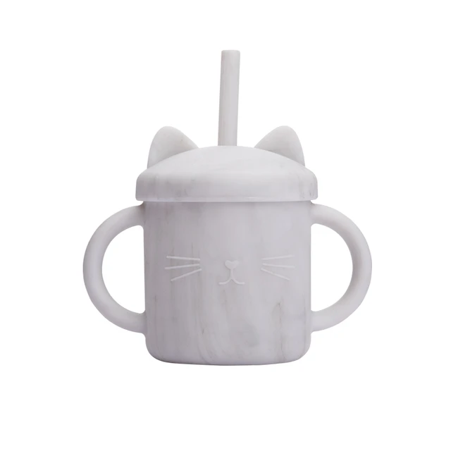 200ML Baby Feeding Drinkware Straw Cup Baby Learning Feeding Bottles Anti-Hot Leakproof Silicone Tableware Toddler Water Bottle marble white
