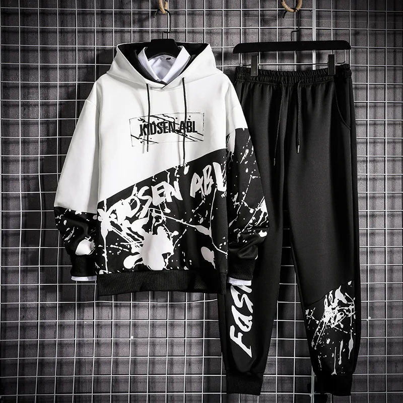 Sweatshirts Male Coats Hoodies Casual-Set Streetwear Men Japan Hip-Hop Autumn Splicing