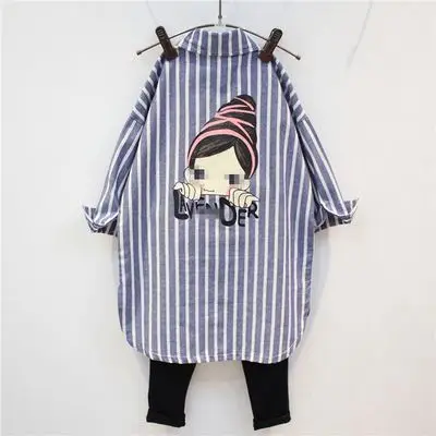 Весенне-осенние новые детские рубашки для девочек в Корейском стиле в полоску и длинные Детские рубашки блузка для девочек - Цвет: Бежевый