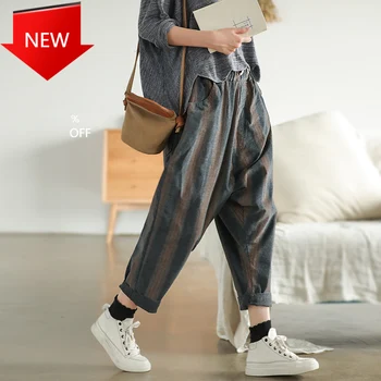 

Cross-pants 2020 New Casual Vintage Mid Elastic Waist All-match Women Pants Autumn Striped Corduroy Full Length Women