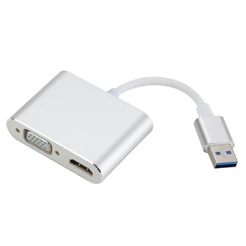 

For Computer USB3.0 Adapter Dual Output Converter HDMI VGA Audio Video Cable Monitors School Compact 1080P 2 In 1 Multi-display