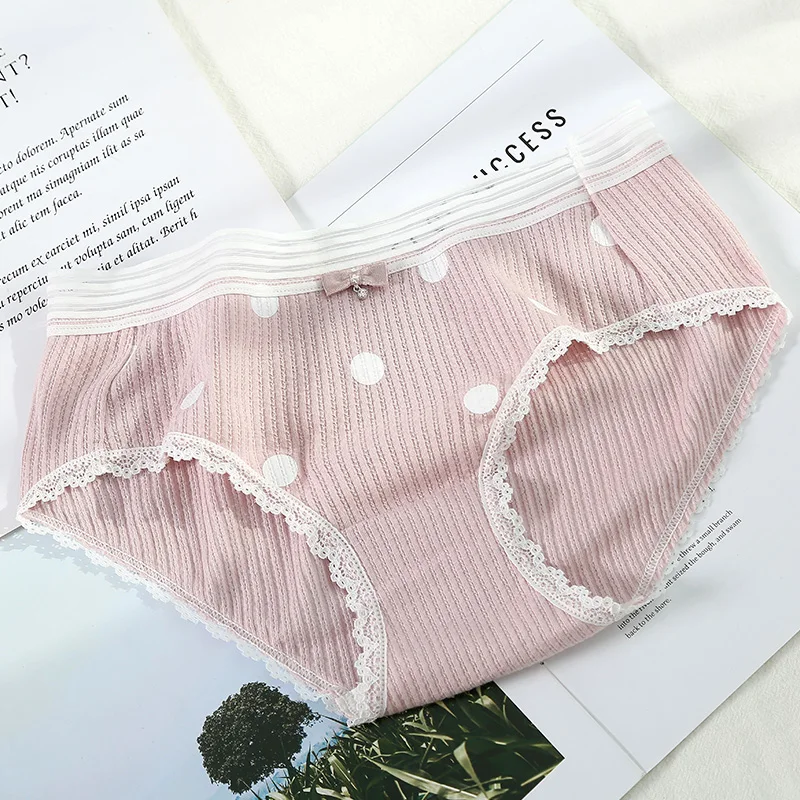 Pink Трусы со средней талией для девочек-подростков, хлопковые, волнистые, милые, кружевные, маленькие, свежие трусы для студентов, милые трусики с бантиками в консервативном стиле - Цвет: Pink
