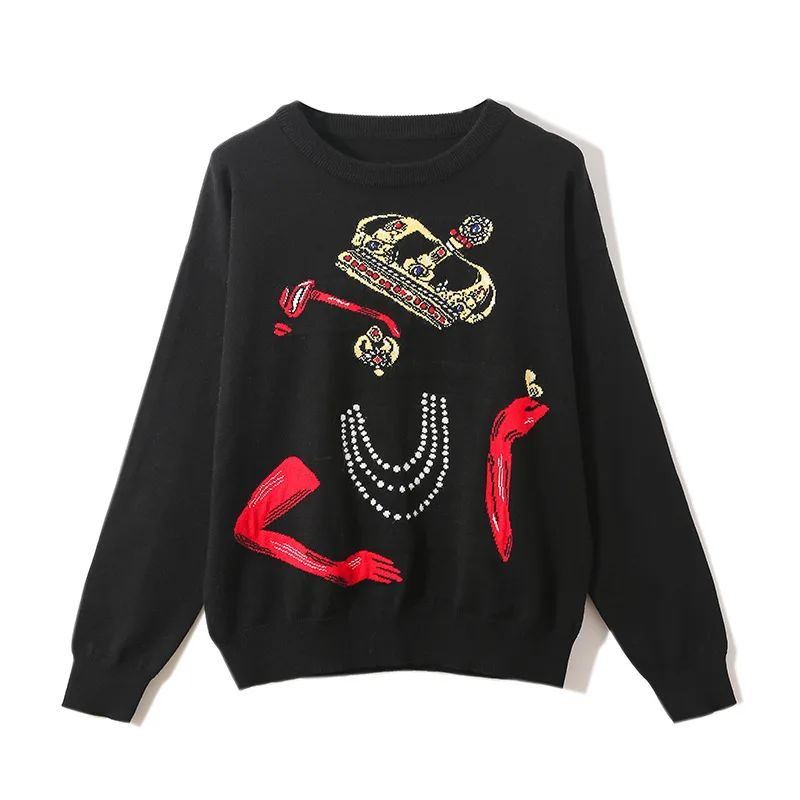 

Fashion Brand Black 2019 Autumn Pearl Necklace Crown Arm Jacquard Pattern Sweater Women O-neck Pullover Sweaters Casual Clothes