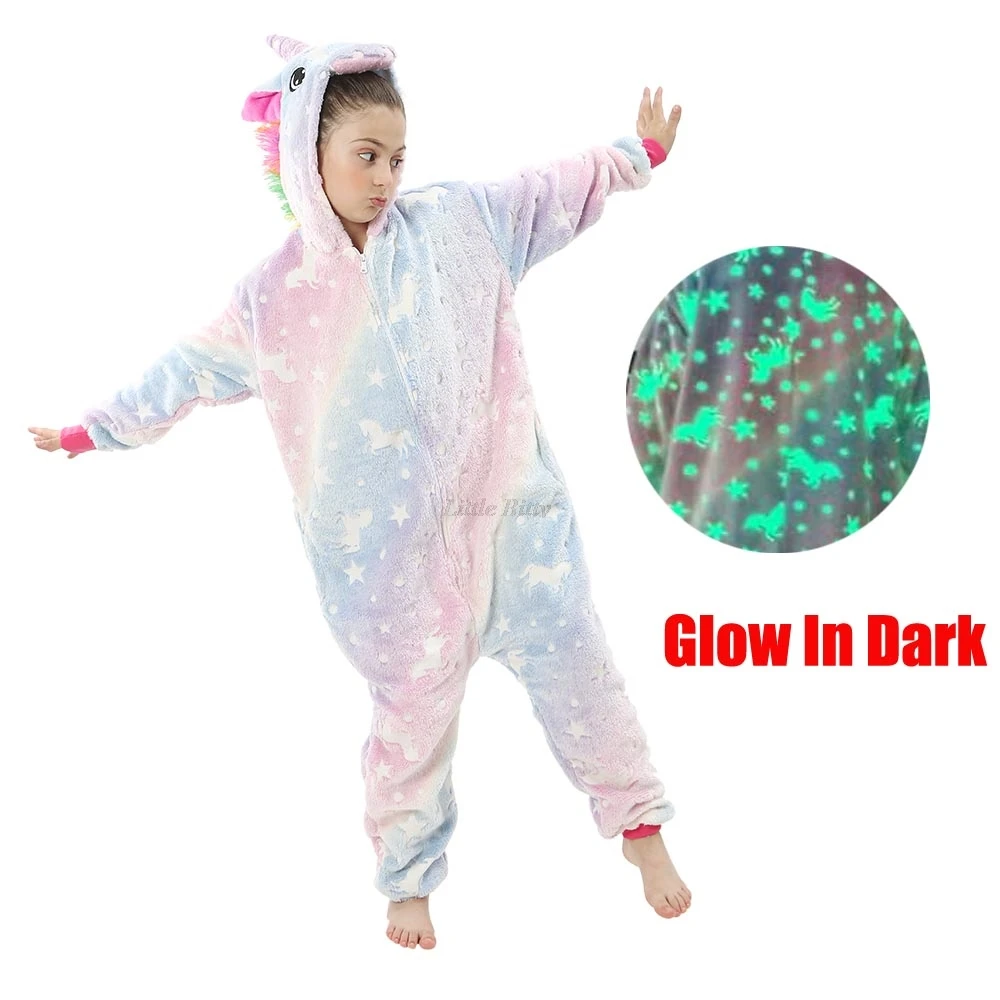 Glow in Dark Kigurumi Pajamas Girls Unicorn Onesies Pajamas Kids Pyjamas for 4 to 12 Years Hooded Jumpsuits Kigurumi Unicorn