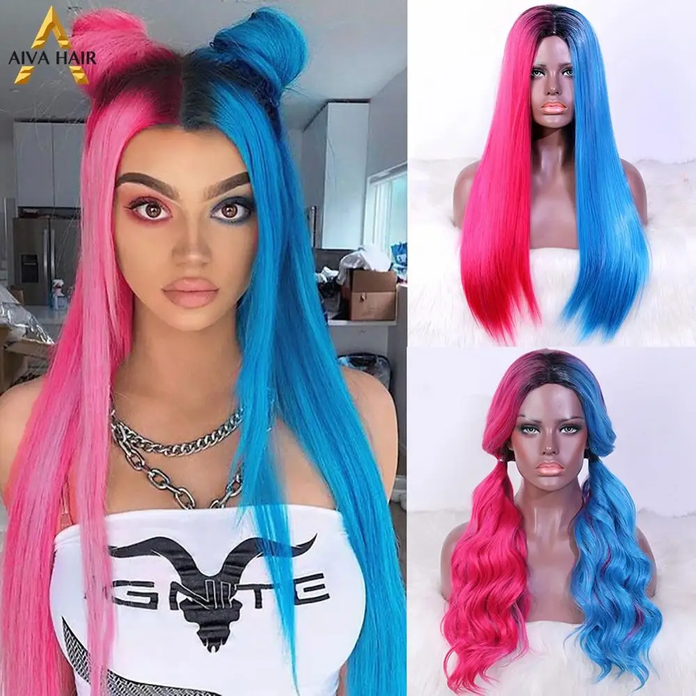 

Aiva Hair Heat Resistant Full Machined Half Pink Blue Synthetic Wig Drag Queen None Lace Wig Cheap Cosplay Wigs For Black Women