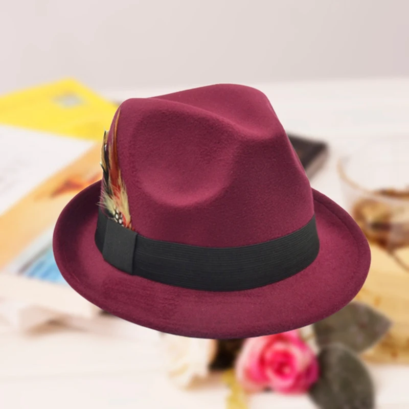 Мужчины Женщины жесткий фетр перо группа Трилби джаз шляпа Sunhat