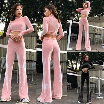 

Women's Suit Velvet Tracksuit Solid Turtleneck Crop Tops Velour Crushed Sweatshirt Pullover +Pants Trousers Jogger Two Piece Set