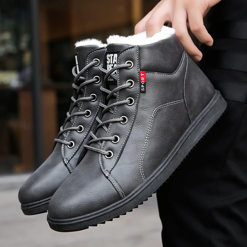 2019 Autumn Winter Leather Ankle Boots Men Plush Warm Male Casual Sneakers Winter Comfortable Lace Up Men Boots Work Men Shoes