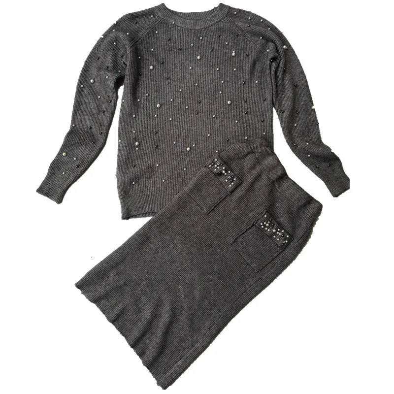 Осенне-зимний женский трикотажный комплект из двух предметов, вязаный пуловер с жемчужинами и бисером+ юбка-карандаш, женский элегантный костюм из 2 предметов - Цвет: gray1