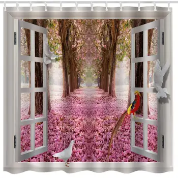 

Nature Flower House Decor Shower Curtain Fabric,Cherry Blossom Floral Country Romantic Spring Tree Window Art Print,Waterproof