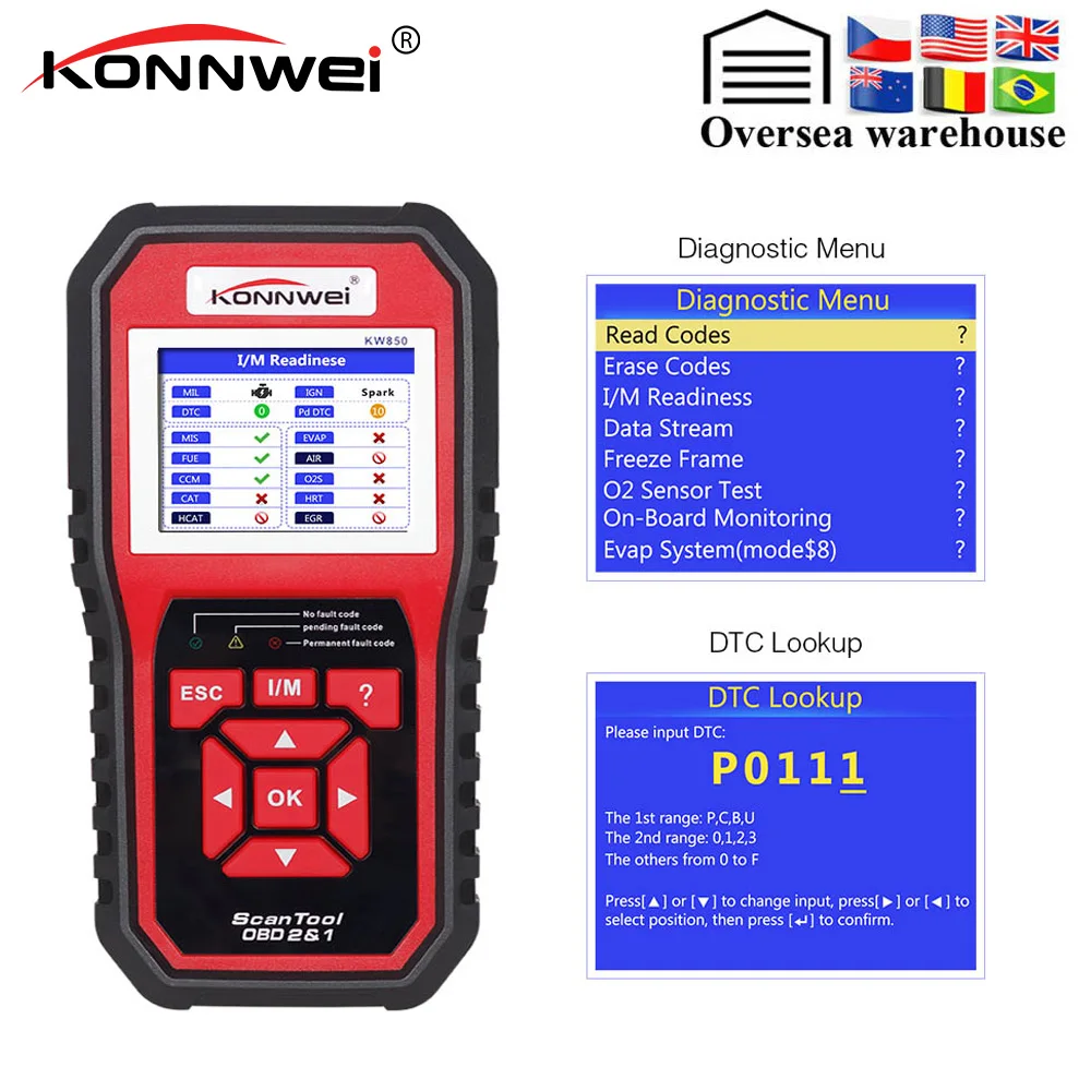 Автомобильный диагностический сканер KONNWEI KW850 полный OBD2 KW 850 OBDII PK AD410 NT301