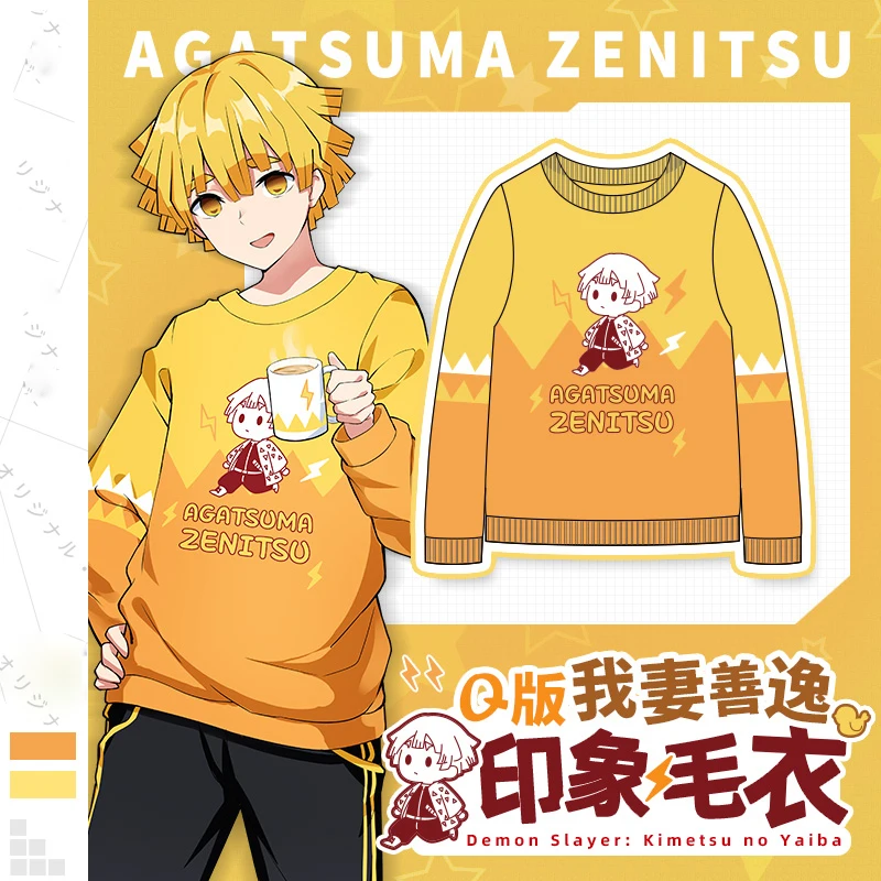 

Anime Demon Slayer: Kimetsu no Yaiba Agatsuma Zenitsu Cosplay Autumn Winter Unisex Student Embroidery Sweater Knitted Pullover