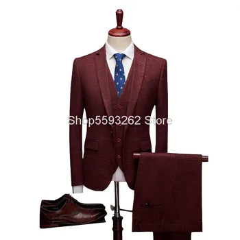 

Autumn Grid Grinding Wool Suit Suit Three-piece Set Groom Marriage Dress Slim Fit Suit Suit Male