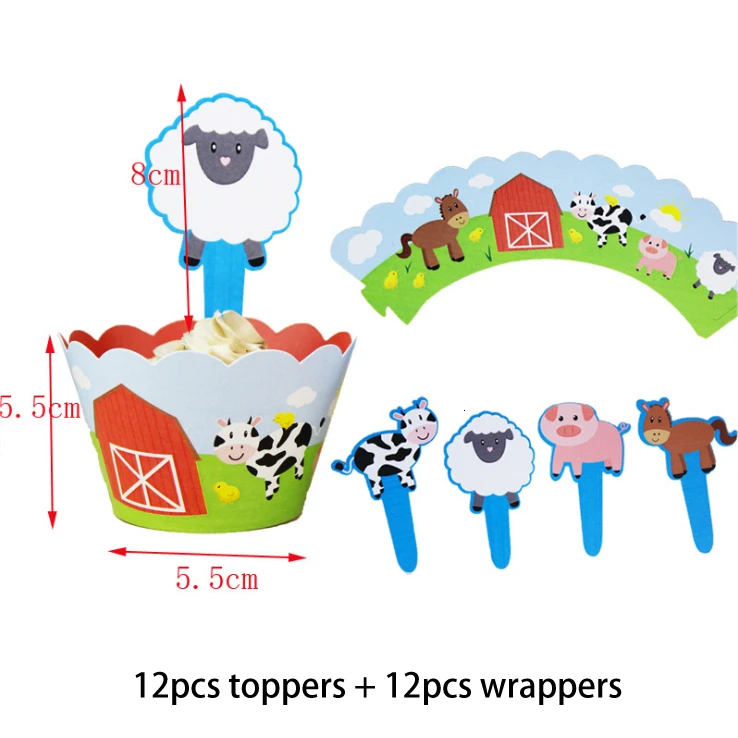 12 topper 12 wrapper 1 компл. Фермы воздушные шары из фольги в виде животного корова свинья торт Топпер обертка лошадь домашнее животное прогулки баннер детский подарок День рождения украшения принадлежности - Цвет: 12 topper 12 wrapper