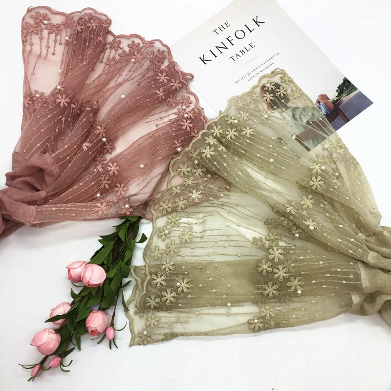 

Women's Solid Color Lace Pearl Silk Scarf New Muslim hijab Scarf luxury brand shawls and wraps 2020