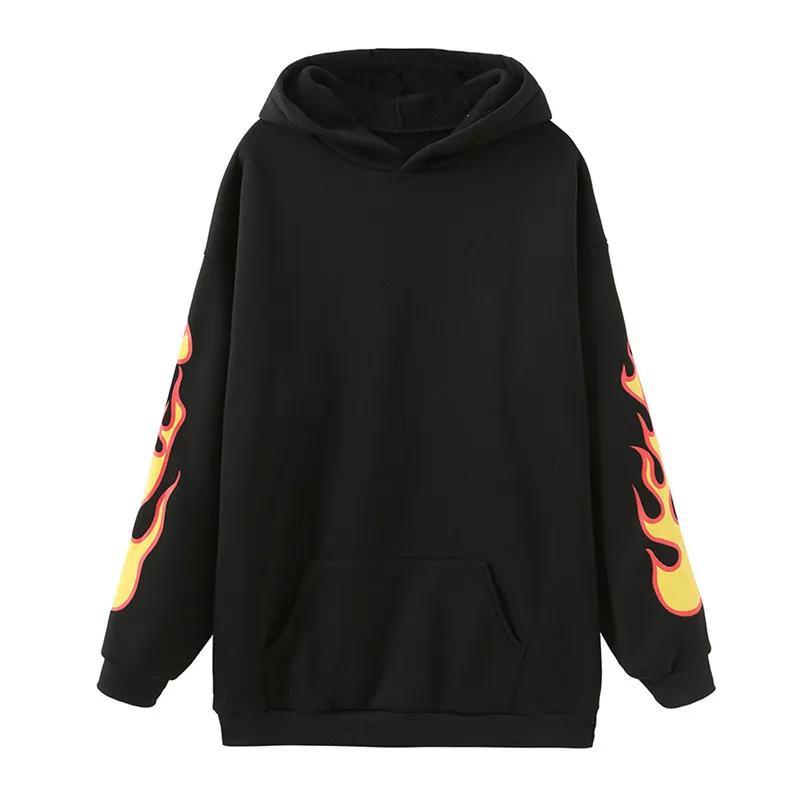 Best Product  Focal20 Streetwear Flame Print Women Fleece Hoodies Loose Pocket Female Hooded Sweatshirt Tracksuit