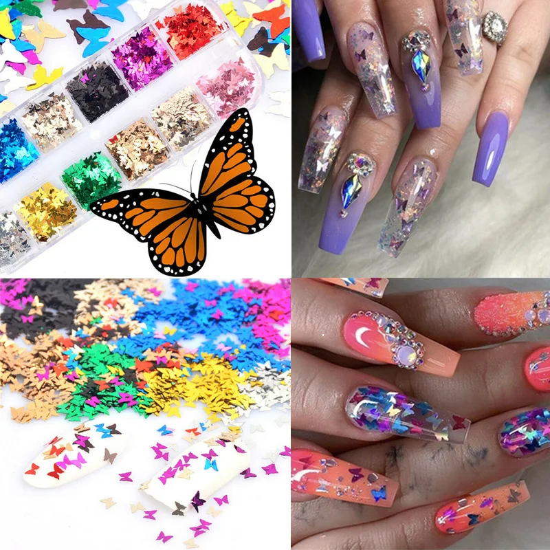 

Hot 12 Grids/Set Colorful Butterfly Nail Glitter Paillette Nail Sequins Tips Nails Nail Art Decoration Sparkling Manicure Decor