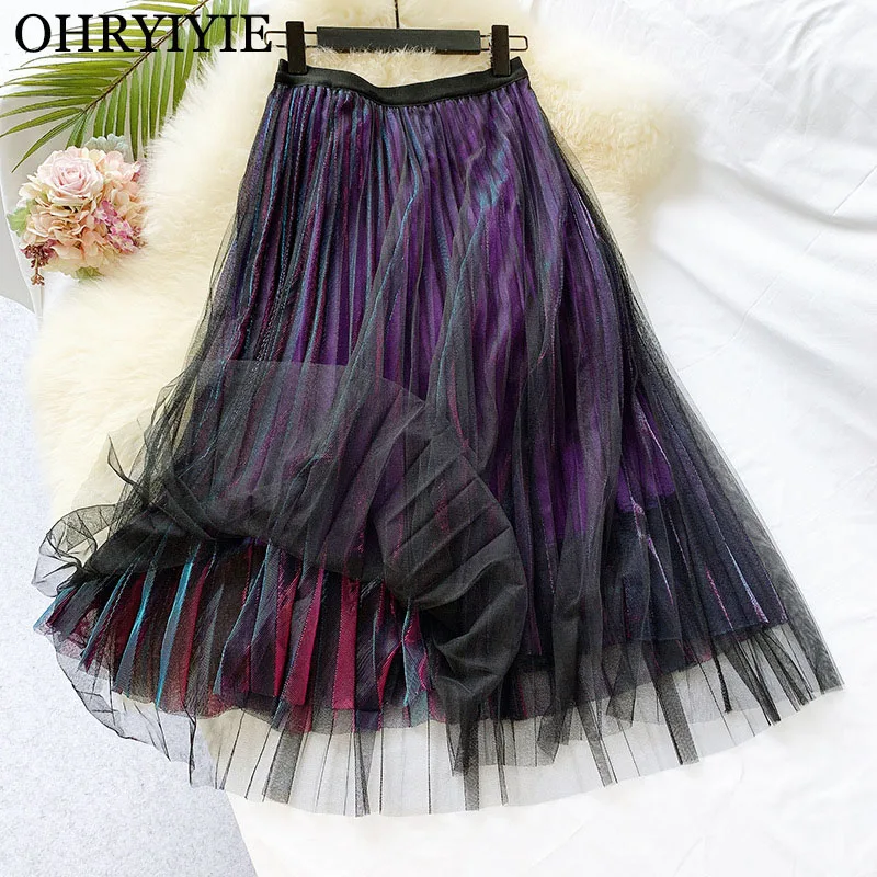 

OHRYIYIE Vintage Contrast Color Tulle Skirts Women 2019 Spring Summer Long Elegant Pleated Skirt Female Party Midi Skirt Femme