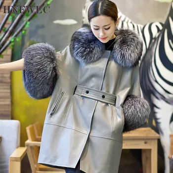 

Bat Sleeve Windbreaker Fox Fur Batwing Sleeves Wide Bust Big Size Zippers PU Leather Cloak Female Coat Warm L371