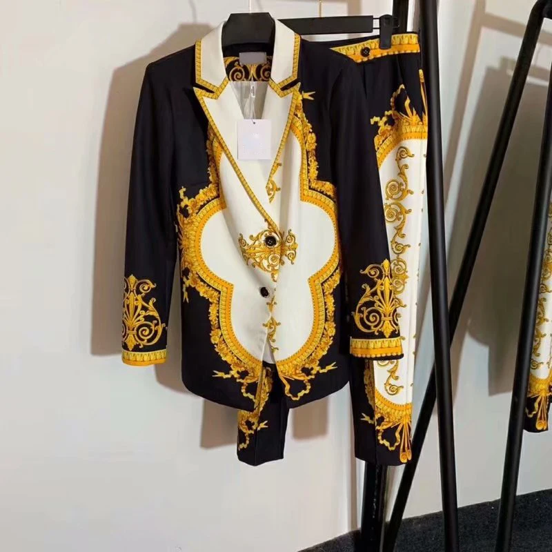 

8.26 New single-breasted vintage printed Turn-down collar long sleeve blazer coat + printed pants suit