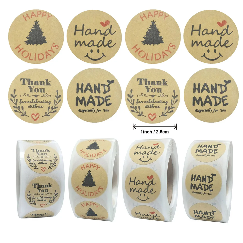500PCS 2.5cm Kraft Paper Sticker Handmade with Love Happy Holiday Baking Packaging Sealing Label Decoration