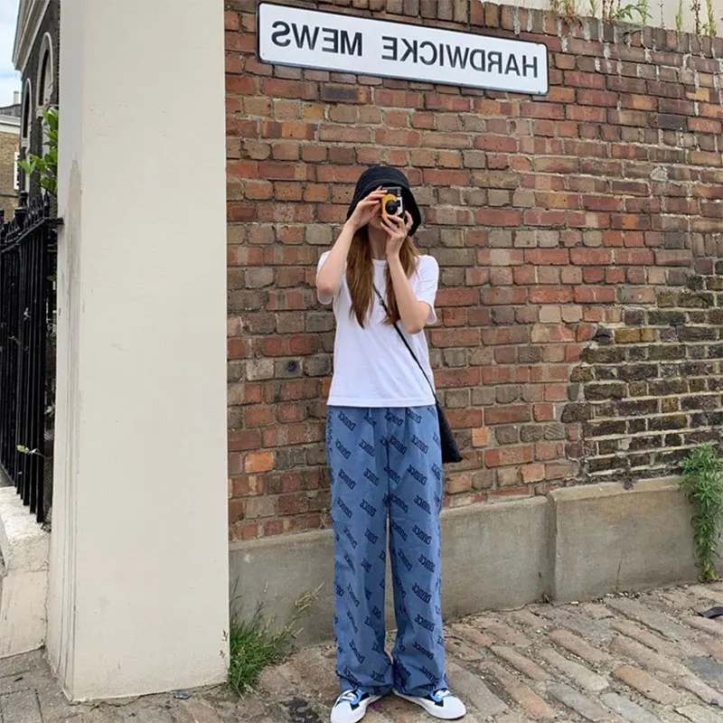 Wide Leg High Waist Pants Blue Sweet Trousers Women 2020 Fashion Korean Style  Harajuku Streetwear Women Pants Overside