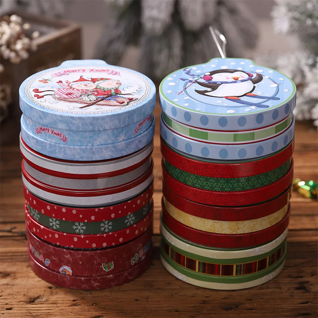 

Christmas Tin Gift Box Candy &Cookie Storage Box 1Pc Round organizer storage Xmas Tree Hanging Elk scok Santa Claus Decor F916