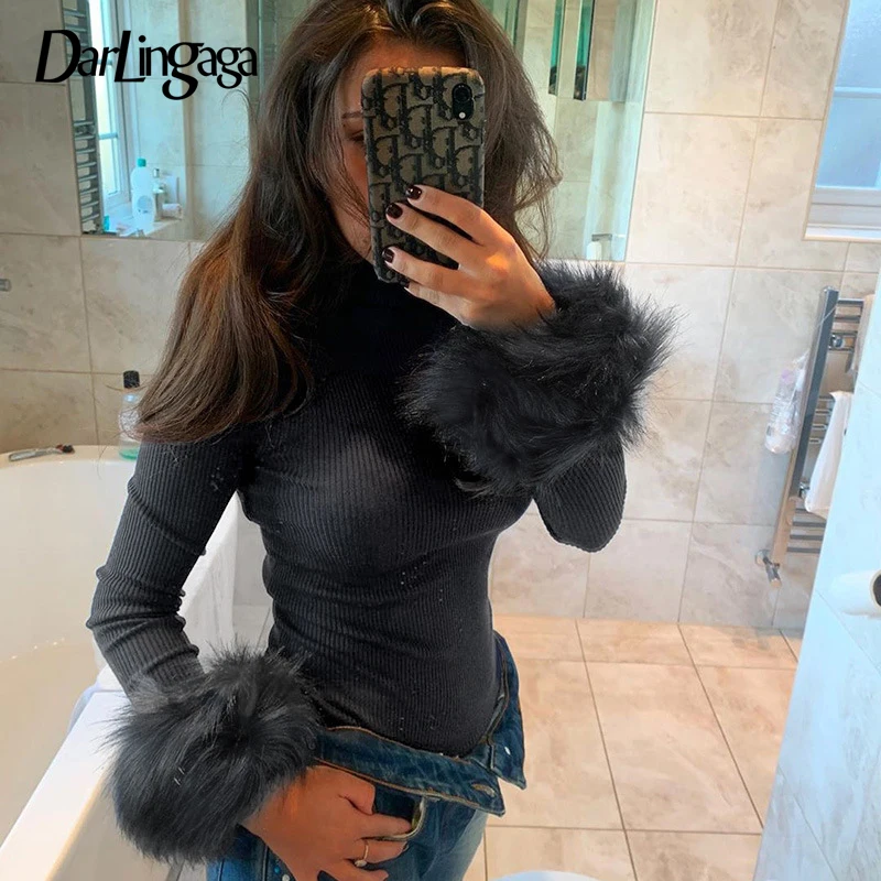 Black Darlingaga плюшевый искусственный мех ребристая Водолазка женская Футболка Модный мохнатый облегающий Топ белая Осенняя зимняя Футболка Пуловер - Цвет: Black