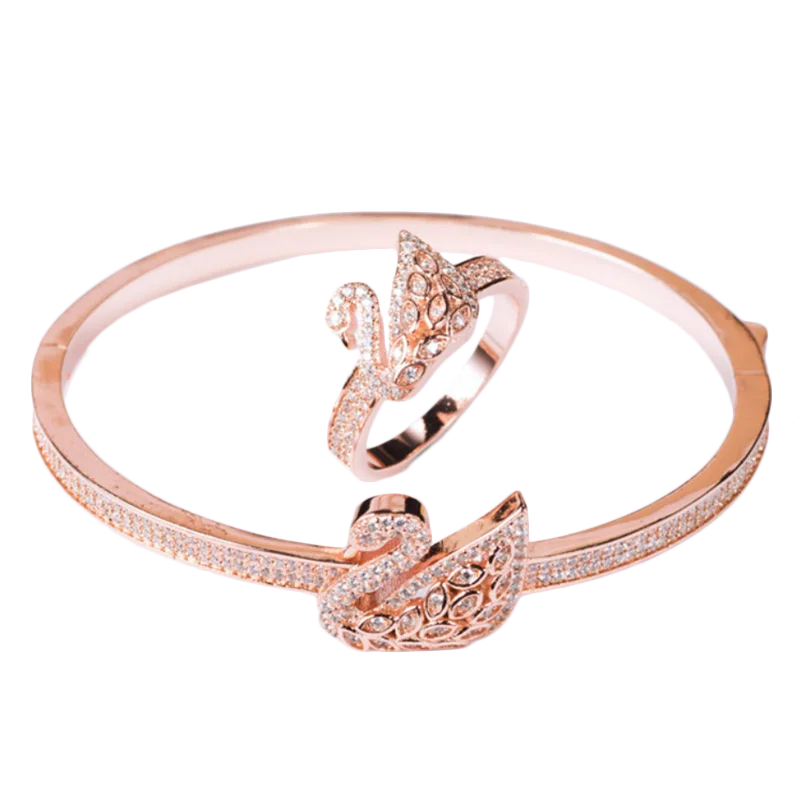 

Fashion New Designer Rose Gold Swan Bangles Rings sets Cute Animal Shape High Quality Zircon luxury jewelry set For Women Gift