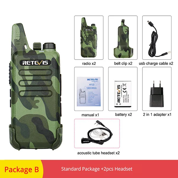 Package B 2 шт. RETEVIS RT22 Профессиональная удобная портативная рация Mini FRS VOX USB зарядка UHF двухстороннее радио Comunicador трансивер Woki Toki - Цвет: Package B
