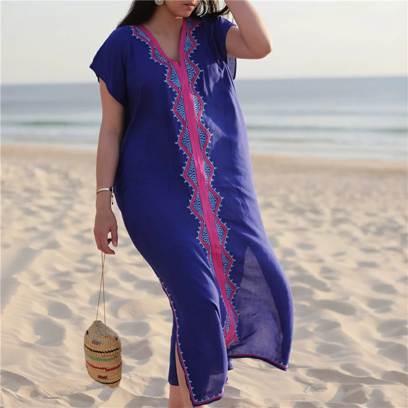 Хлопковая Пляжная накидка с вышивкой, Saida de купальный костюм Praia, женское бикини, накидка, туники для пляжа, парео, саронг, пляжная одежда# Q836