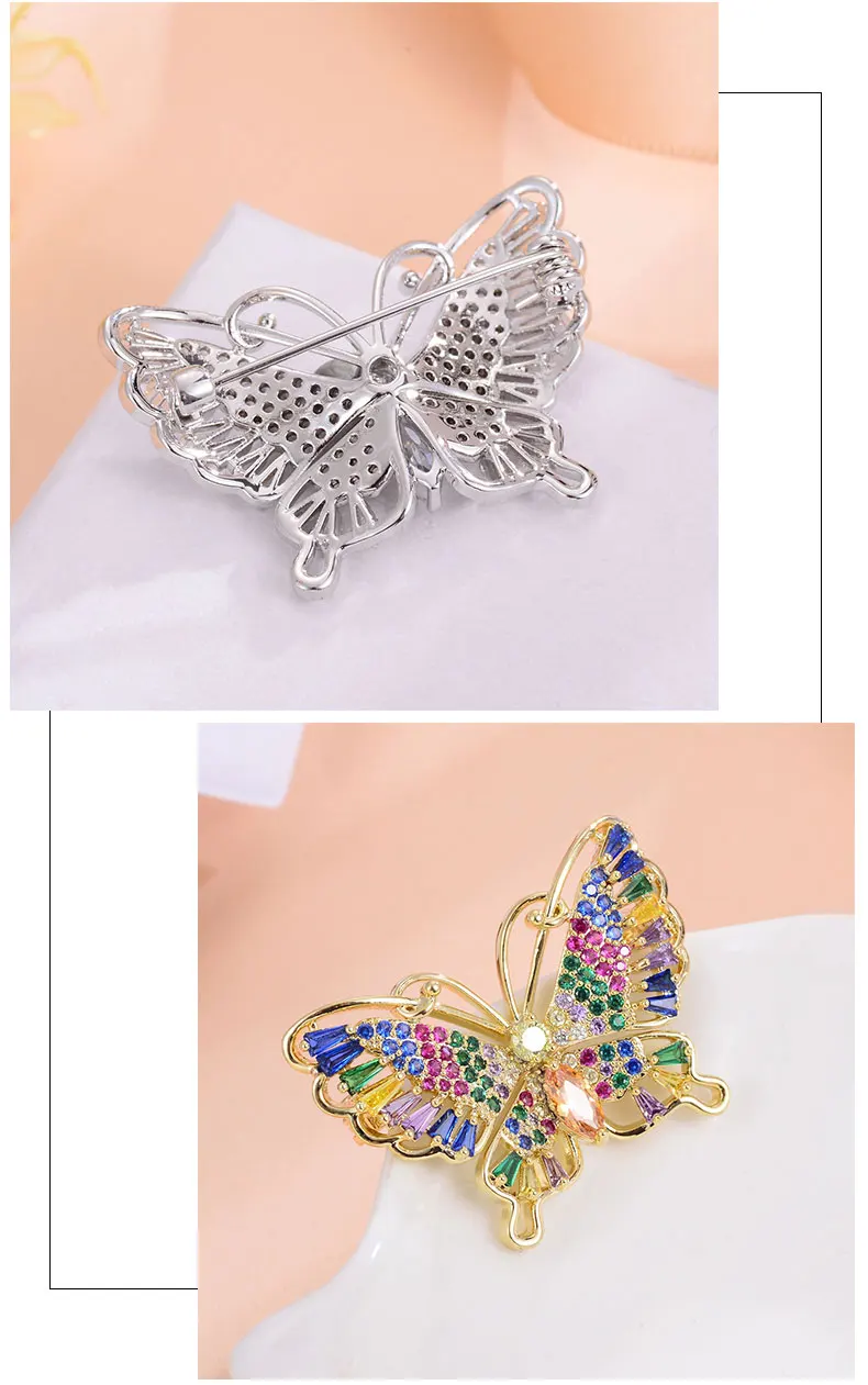 Красочные белые циркониевые бабочки броши для женщин золото серебро Медь Брошь булавки ювелирные изделия для одежды аксессуары mujer