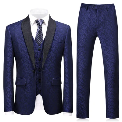 

Men's New Plant Embroidery One Button Business Casual Suit Youth Regular Fashion Banquet Three Piece Men's Suit